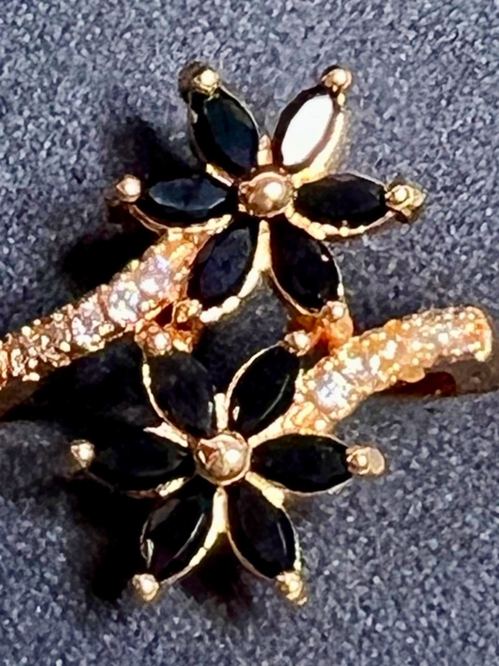 Gold- Tone Floral Ring with Black Crystal Petals